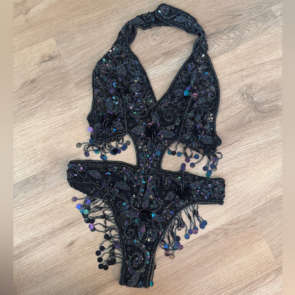 Rainbow chrome beaded festival bodysuit